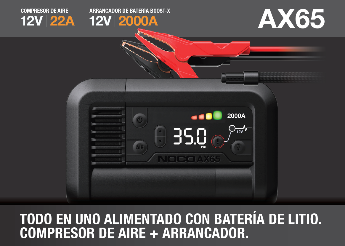 Arrancador de batería NOCO AX65 2000A con compresor de aire