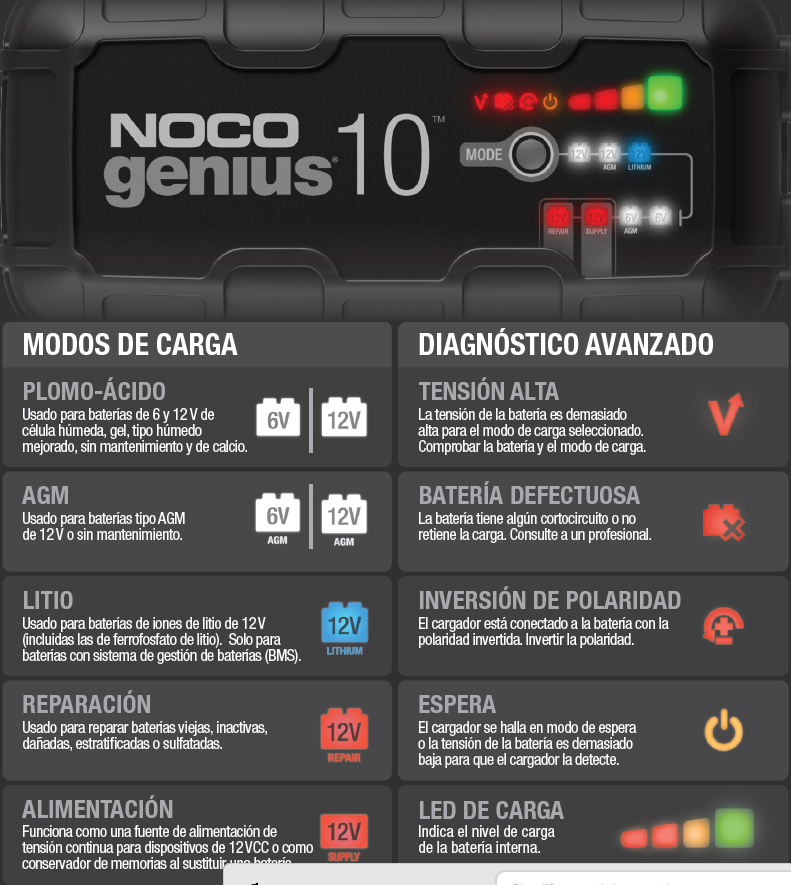 Cargador y mantenedor de baterías Noco Genius 10